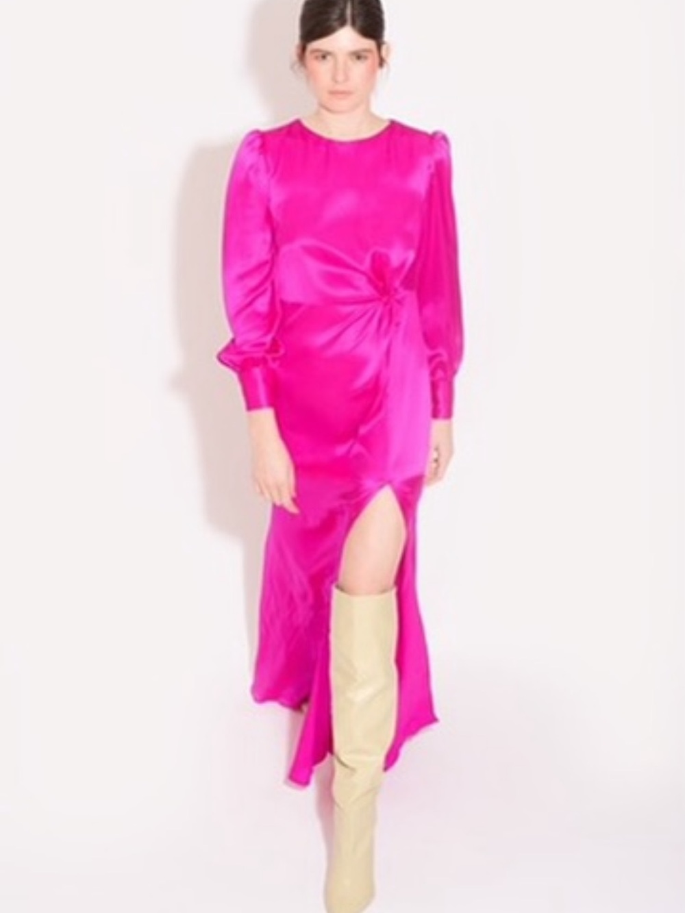 Gorgeous Pink Satin Long Sleeve Midi Dress with Side Slit